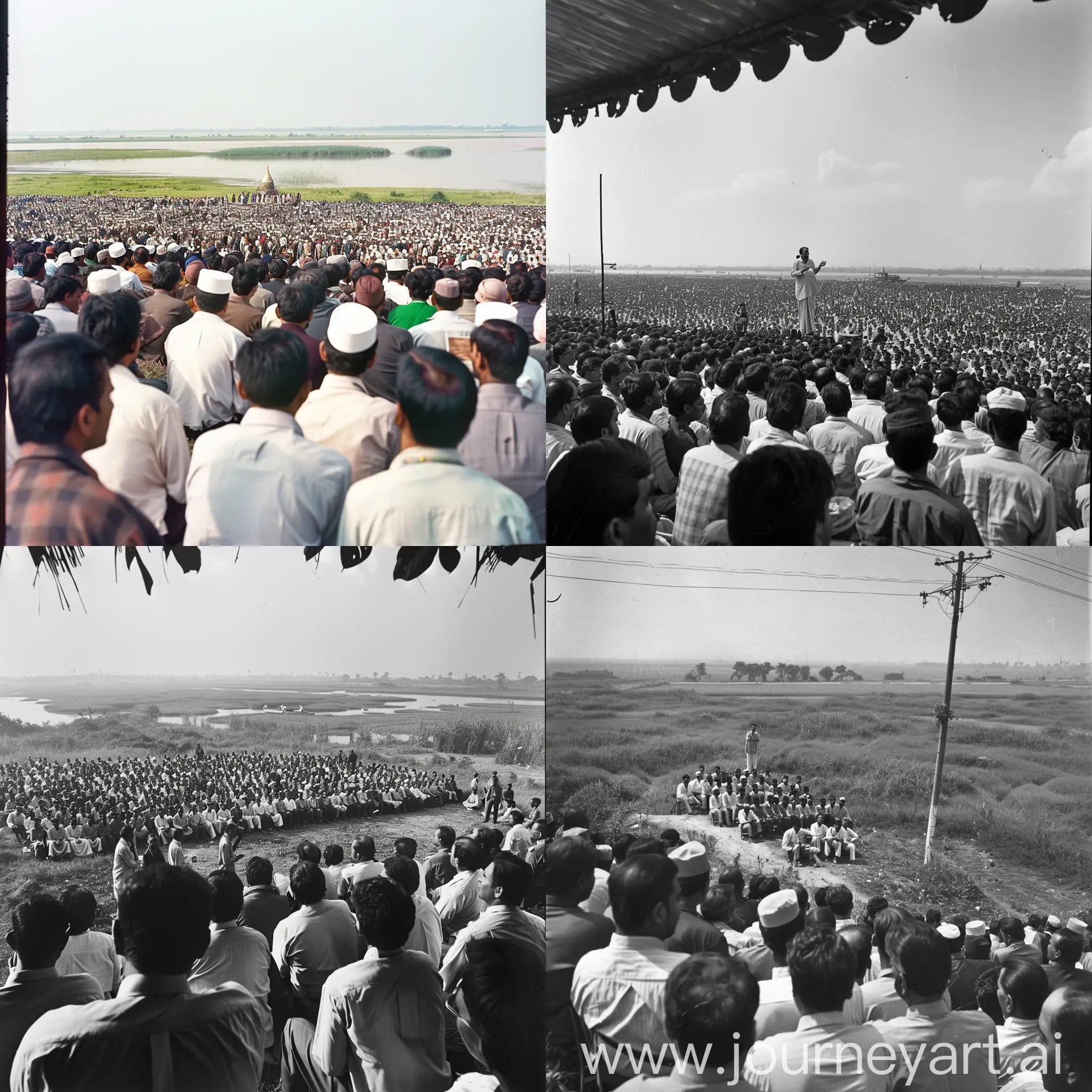 Bangladesh Sheikh Mujibur Rahman's important Historic speech on 7march in 1971, open field with historic crowod people listen his sologan