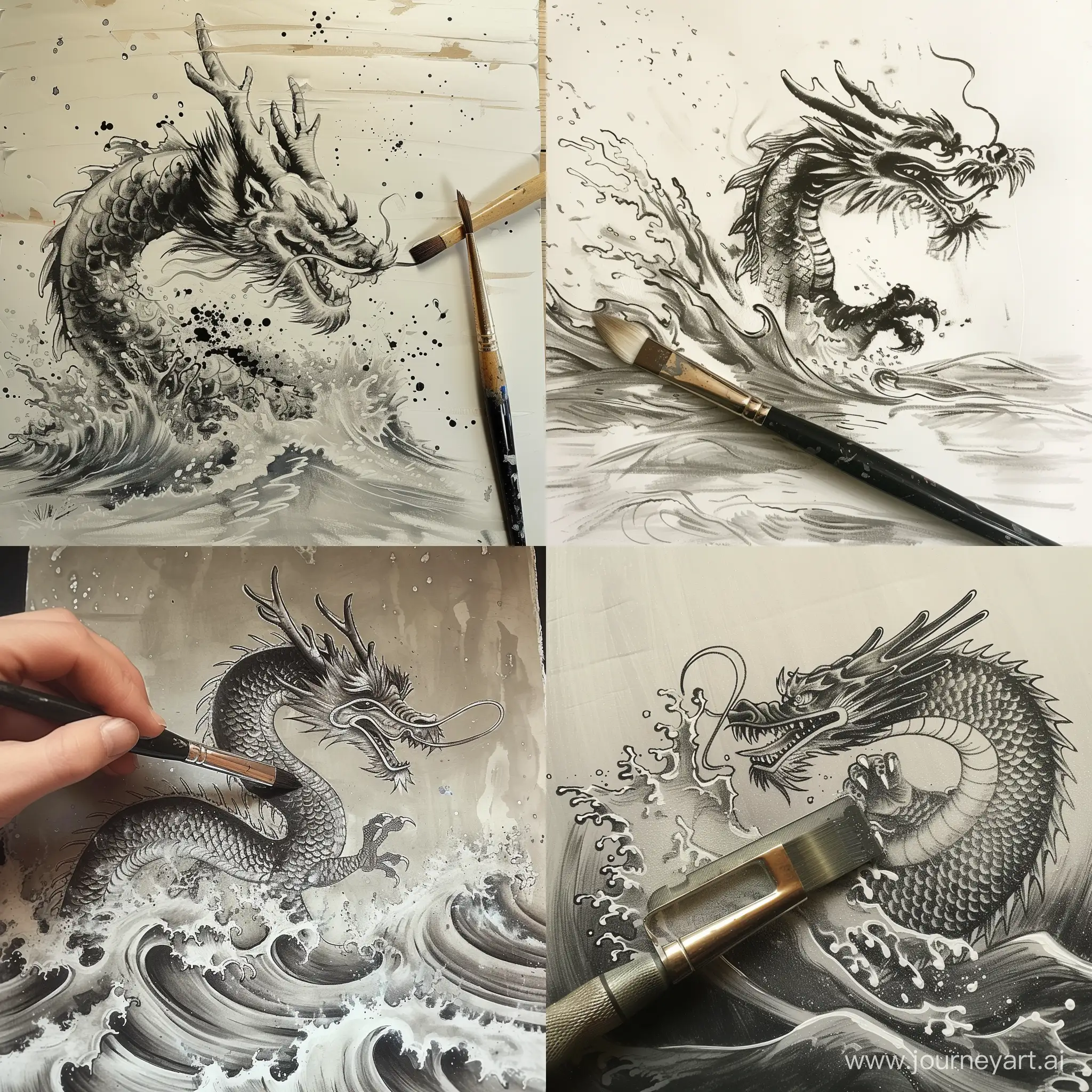 用刮刀画一条刚跃出水面的中国龙，水墨