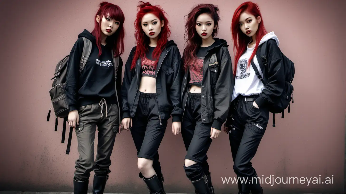 3 grungy looking girls.  One Black  2. ethnically ambiguous white girl, red hair hazel eyes, face like a doll, fingernails panted black. 3. Androgynous Asian girl, funky, lanky and sultry holding a rucksack.  wearing Jucker pants and jackets and boots. 