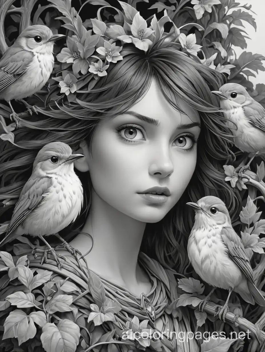 Robins ,extremely detailed, intricate, beautiful ,  Brian Froud, catherine abel , Yacek Yerka, Bernard Frize, Coloring Page, black and white, line art, white background, Simplicity, Ample White Space. The background of the coloring page is plain white to make it easy for young children to color within the lines. The outlines of all the subjects are easy to distinguish, making it simple for kids to color without too much difficulty