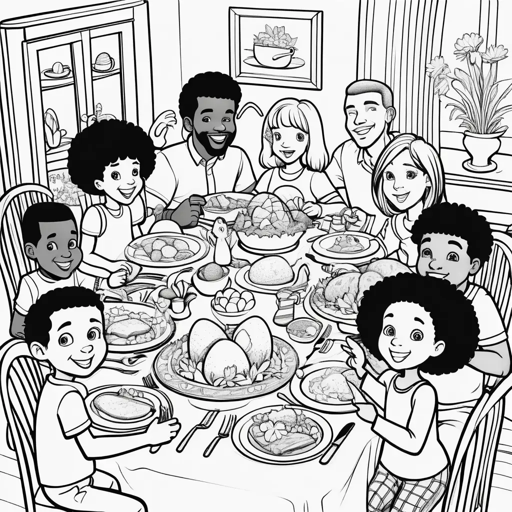 colouring book cartoon image of cute different race family and friends of 8  adults and children during easter dinner happy and celebrating