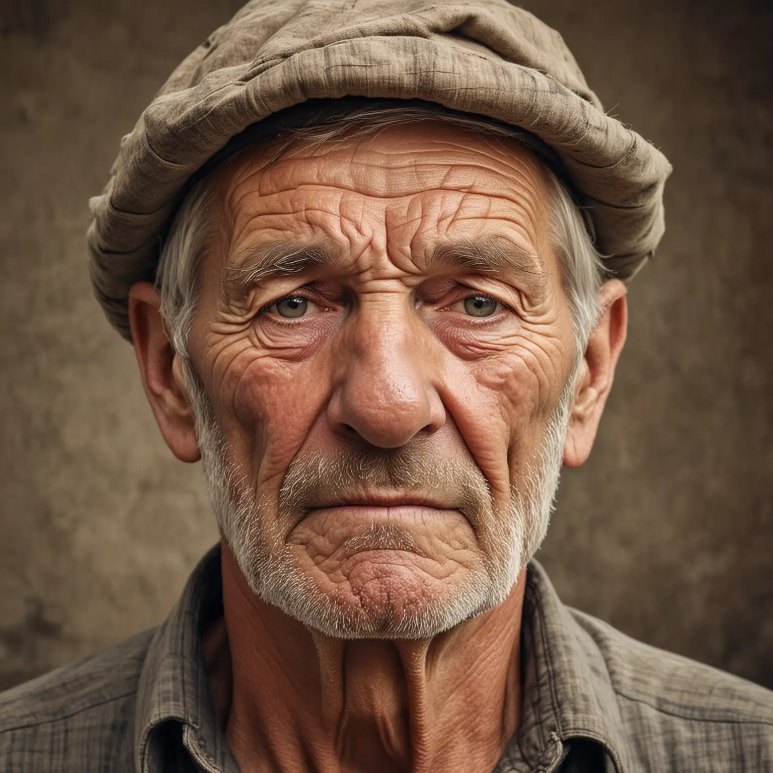 Portrait of an old farmer with many wrinkles from mid Europe. Nothing on the Head , just hair. Looking straight into camera Nothing on the Head, just hear please