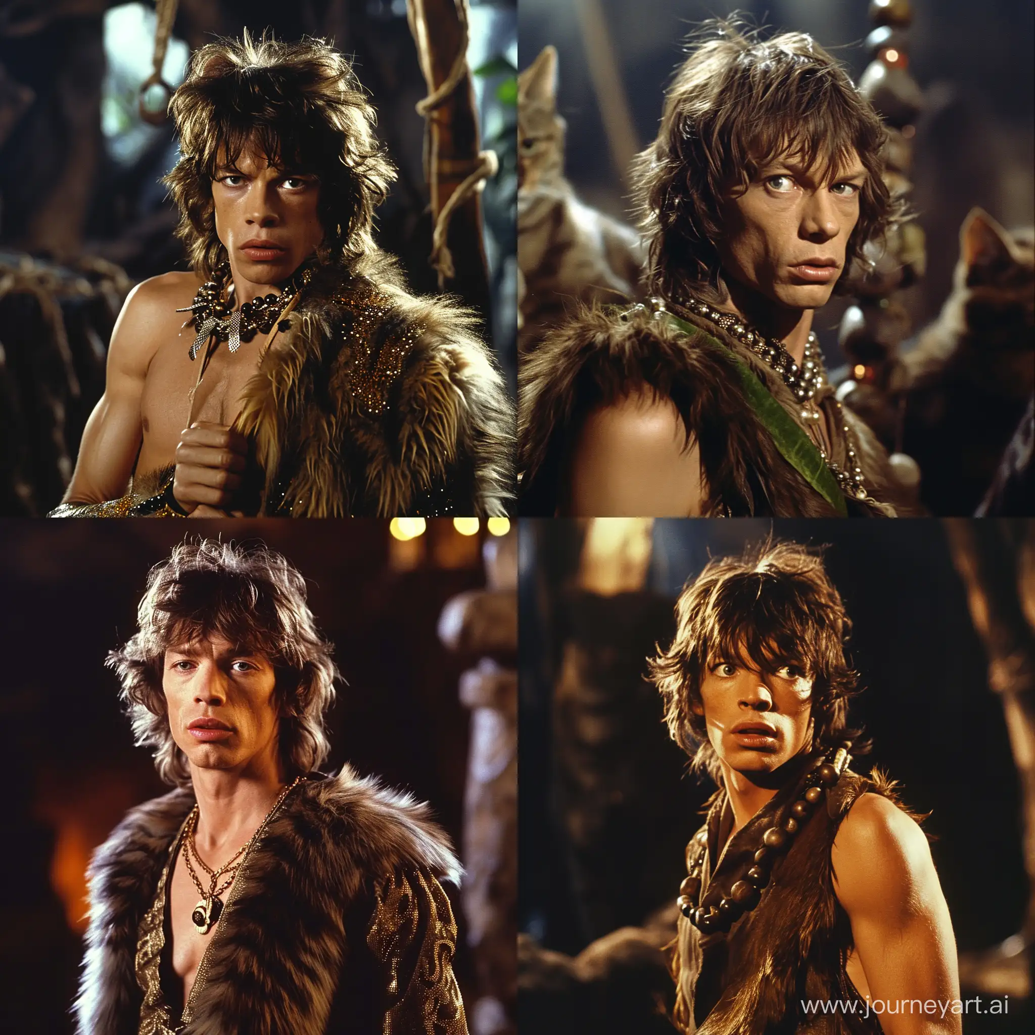 Mick Jagger in an 80s fantasy movie, cat-like features.
