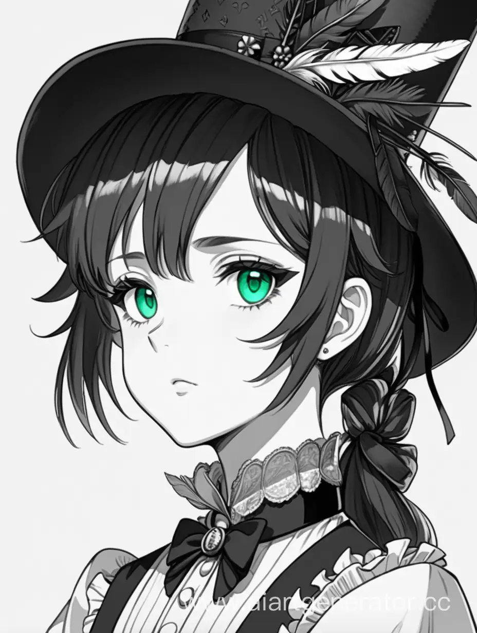 рисунок в стиле аниме, девушка 16ти лет, высокий рост, изумрудные глаза, холодный взгляд, короткие черно-белые волосы, одета в викторианский костюм, на голове черная треугольная шляпа с пером, 