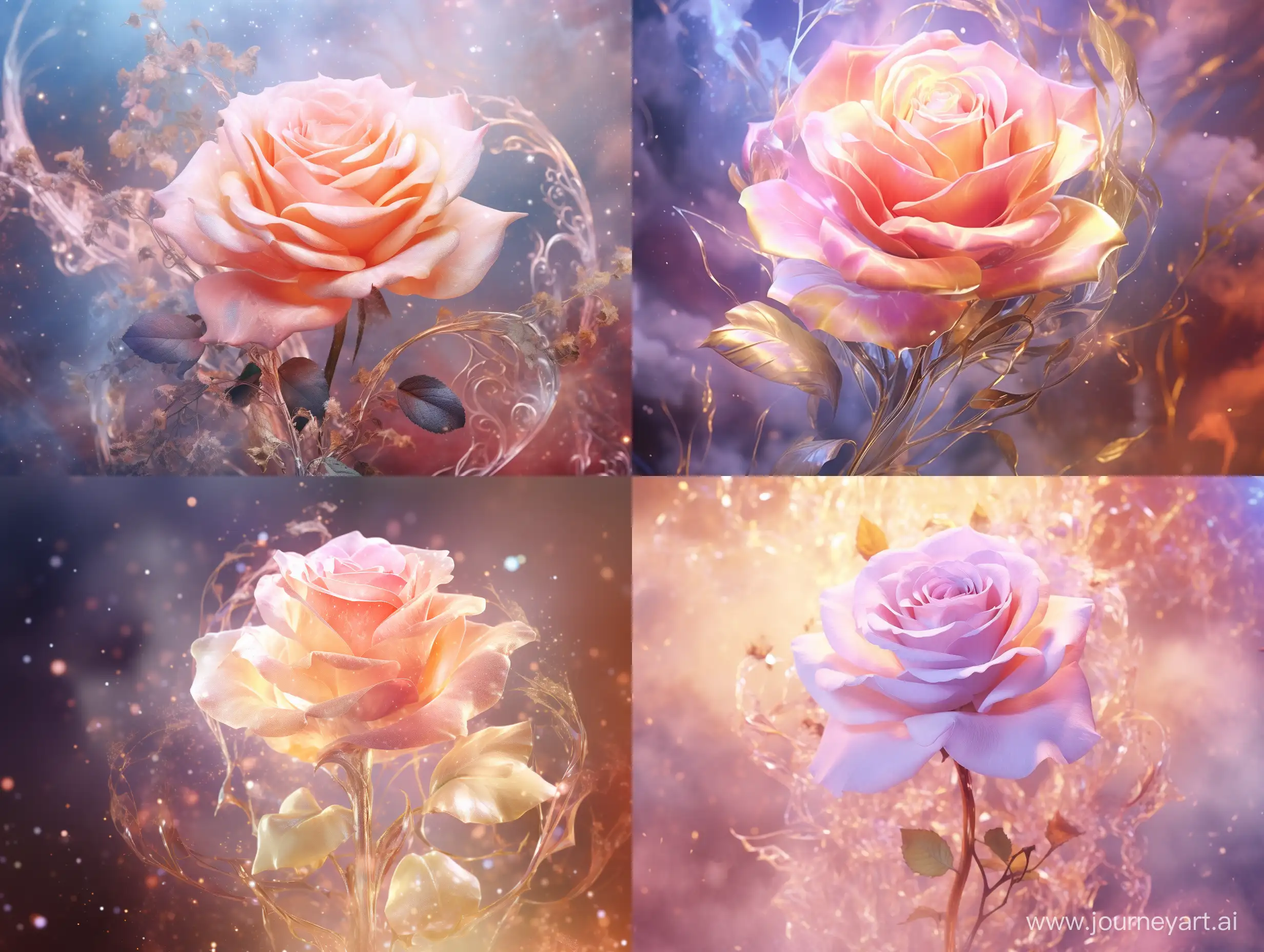 this is a beautiful spectral flower , with soft , fairy fog background , light smoke , light lame , on the rose , light golden rose , transparent petals ,, clear , lifelike , real petals , feeling like love ,, complex details processing , high definition ,, dream fairy tale kingdom high definition , urea , 8K HD 
