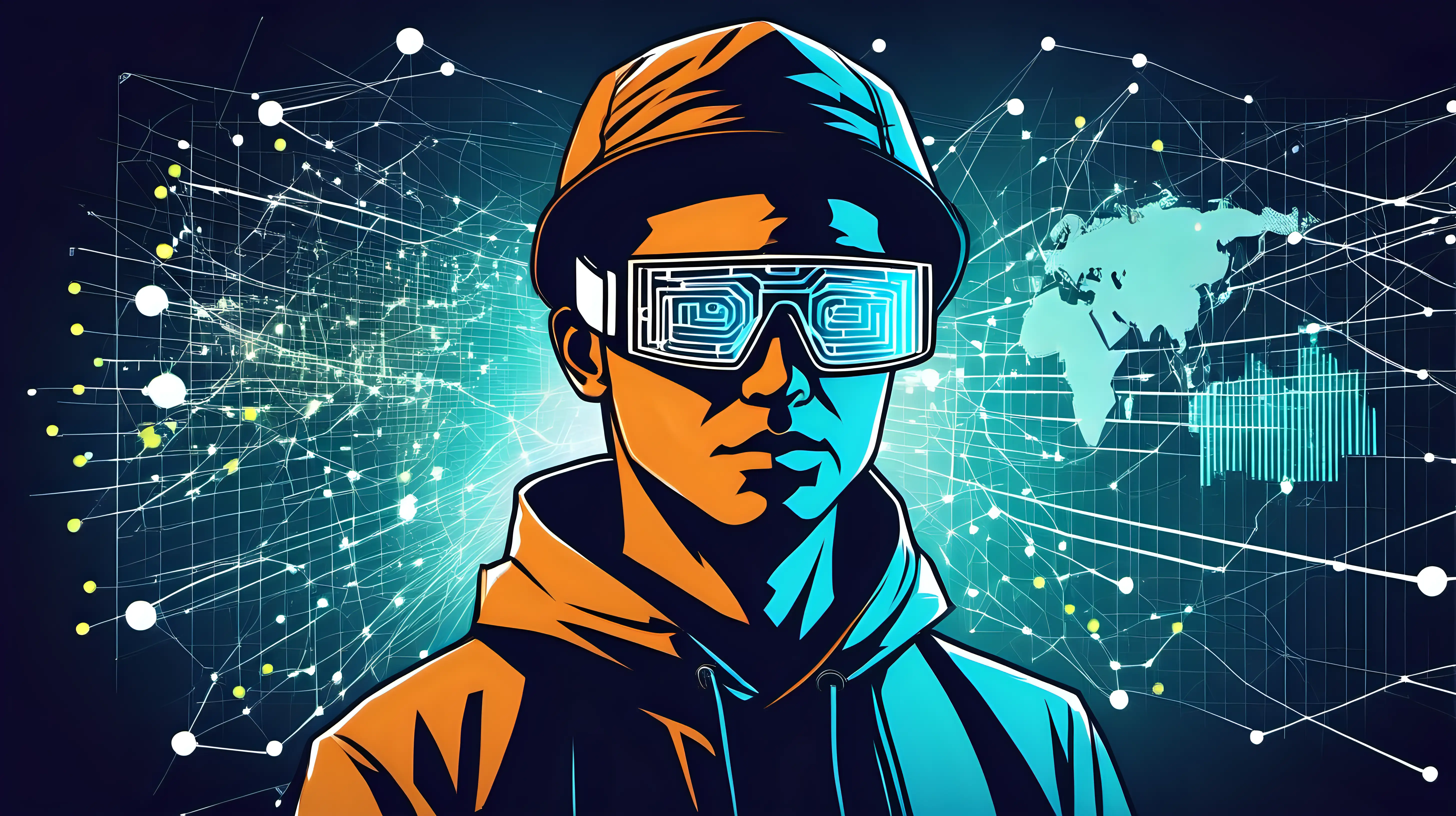 A stylized illustration of a hacker wearing augmented reality glasses, visualizing data streams and digital information overlays.