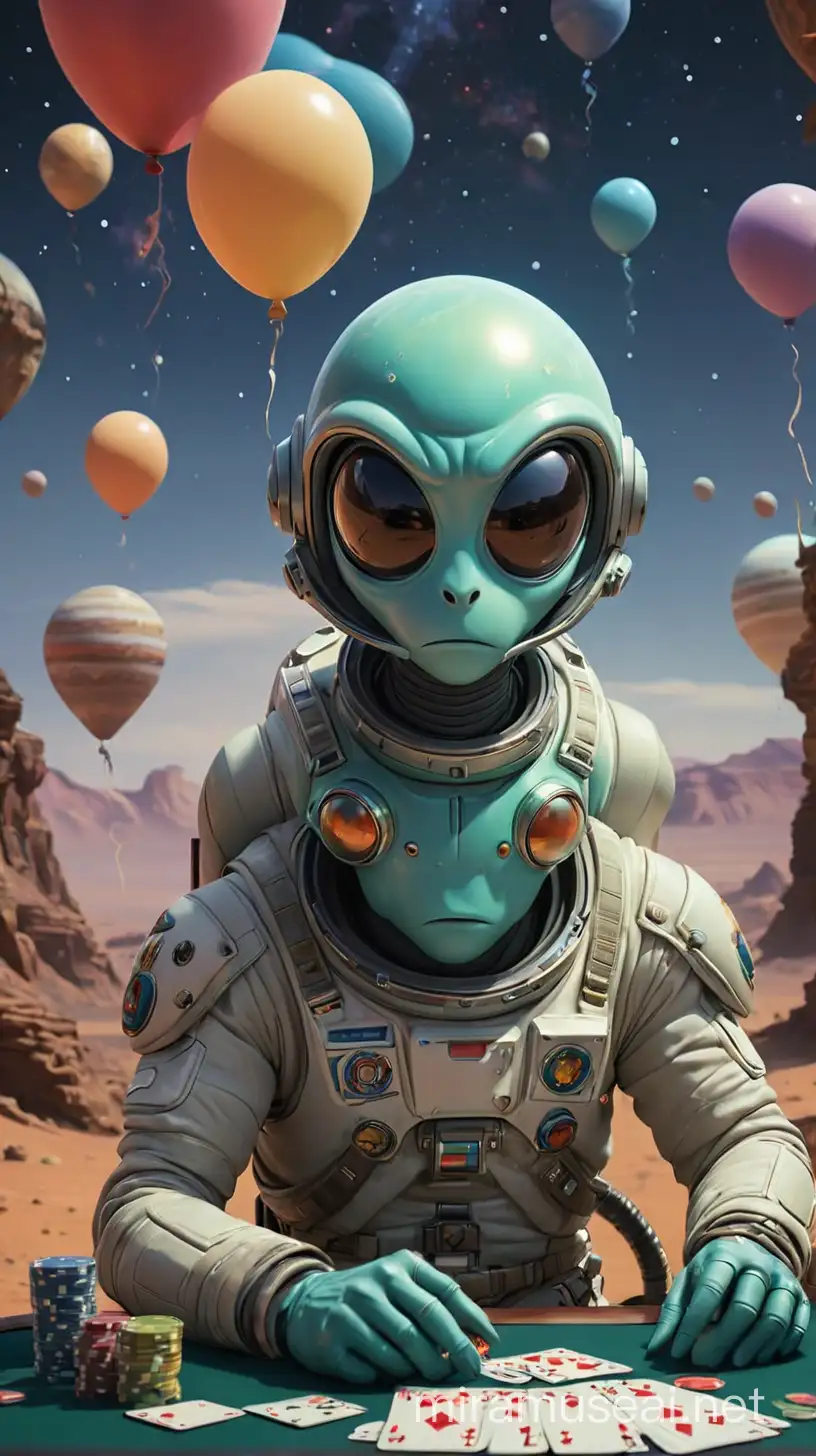 Alienígena 👽 jugando poker con astronaut en un planeta lejano , con fondo el universo llenos planetas saturnos , estrellas y globos multicolores.