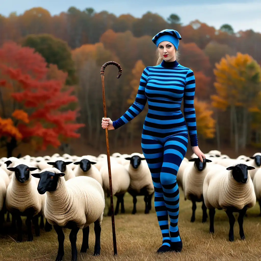 hot girl, navy blue pacific blue skintight horizontal striped costume, shepherd's crook cane, flock of sheep, Maryland landscape, autumn day
