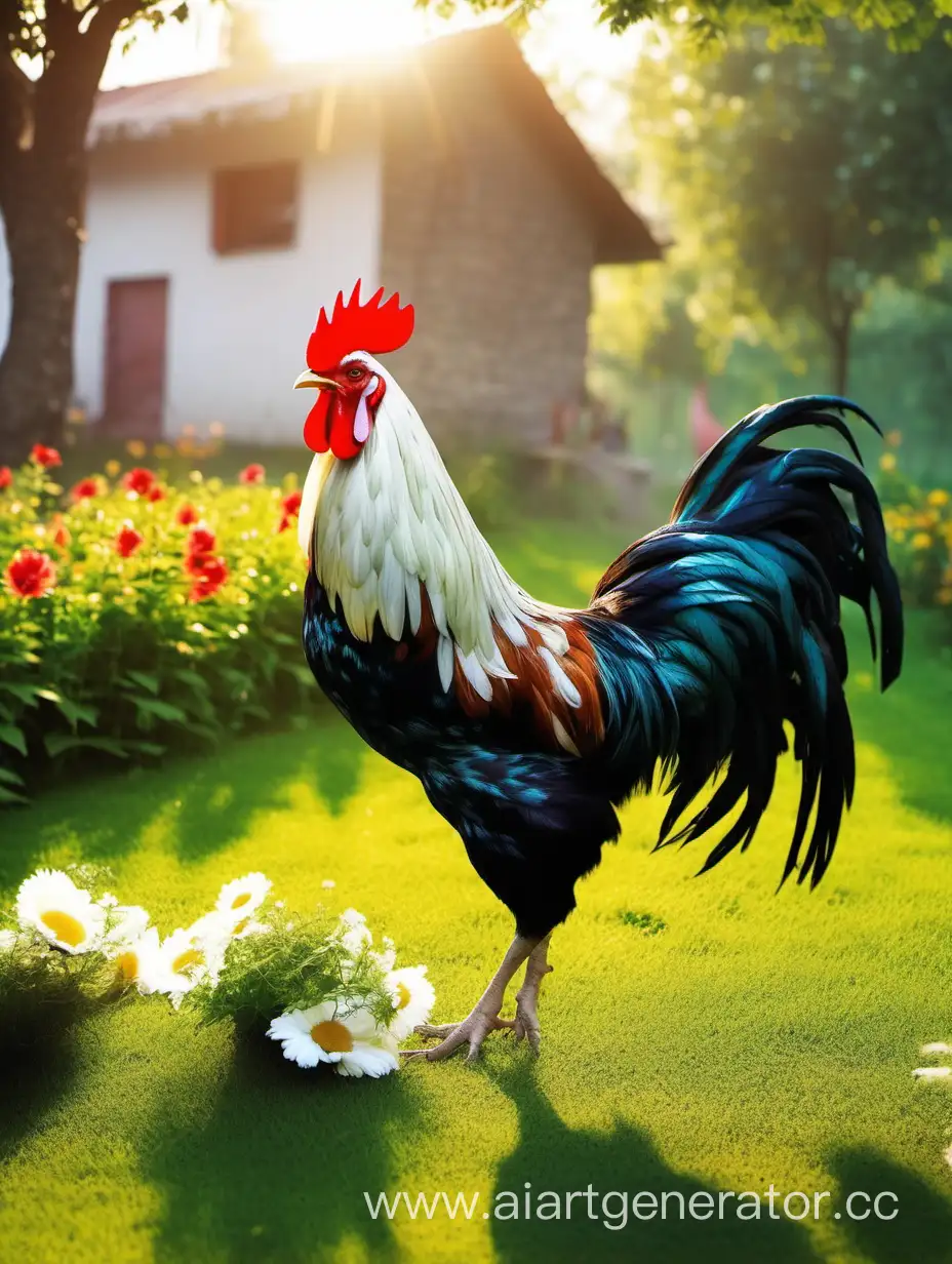 the rooster in the village opened his mouth and crowed, wakes everyone up singing, there are no people, flowers, green grass, morning, sunlight, clear