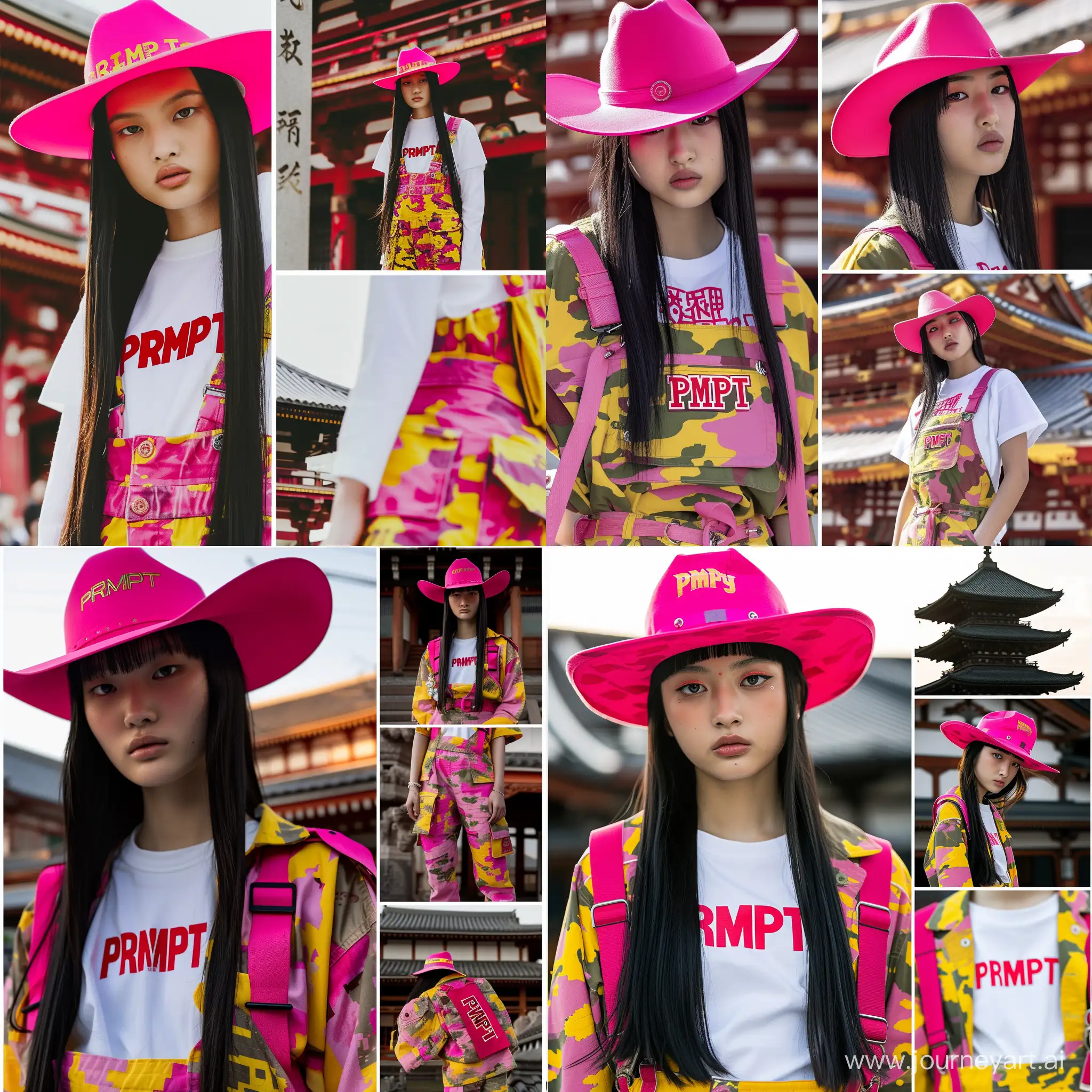 editorial fashion shot, asian ethnicity, long straight black hair, intense gaze, pale complexion, neon pink cowboy hat, vibrant yellow and pink camo overalls and jacket, white tee with red “PRMPT” branding traditional Japanese temple backdrop, high contrast daylight, vivid and playful mood,split into multiple different images shot from multiple different angles 