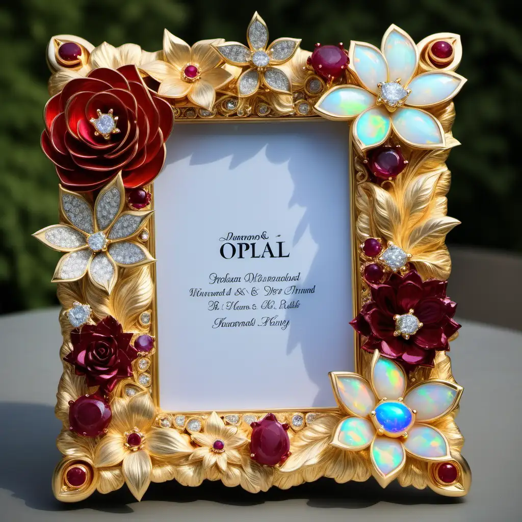 unique wedding picture frame, flowers, golden, opal, diamond, ruby