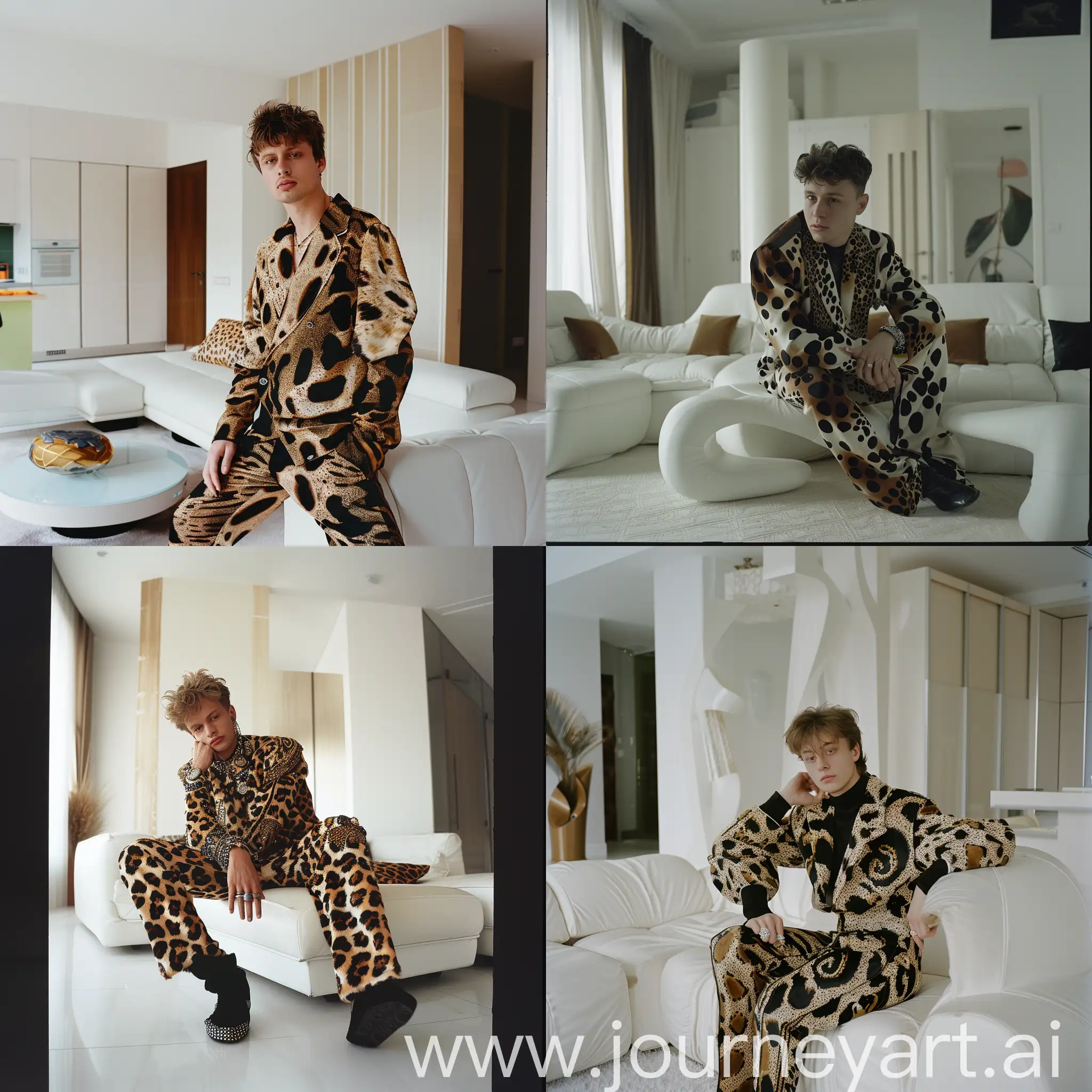 A candid photo of an eccentric artistic modern 20 y.o russian man in modern haute couture, posing in a white modern living room, animal print fashion, black and brown pastel colors, 35mm Kodak photography