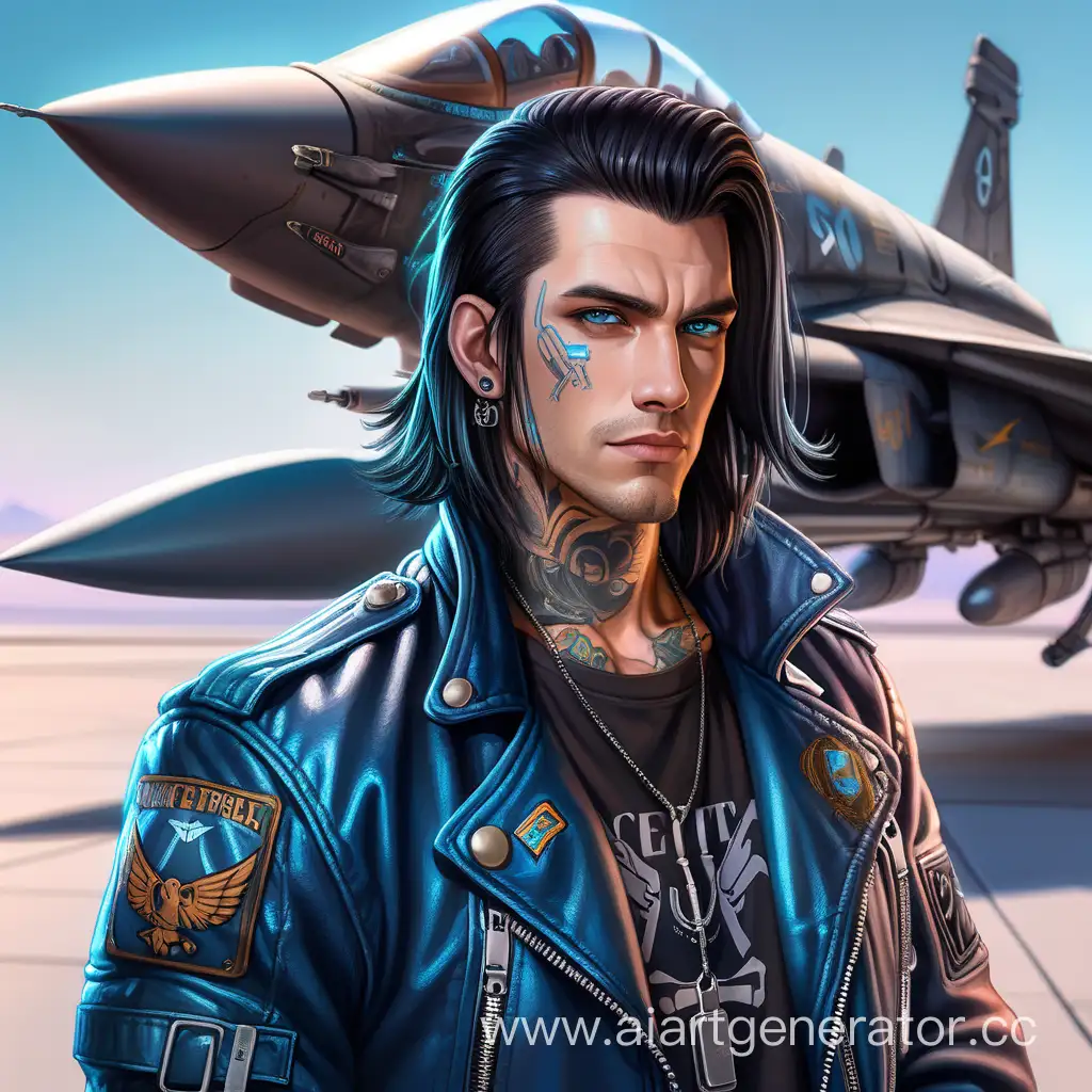 красивый мужчина, татуировки в стиле кибер панк, волосы длиной по плечи, черные волосы, голубые глаза, пирсинг на лице, одет в кожаную куртку пилота, на фоне его боевой истребитель