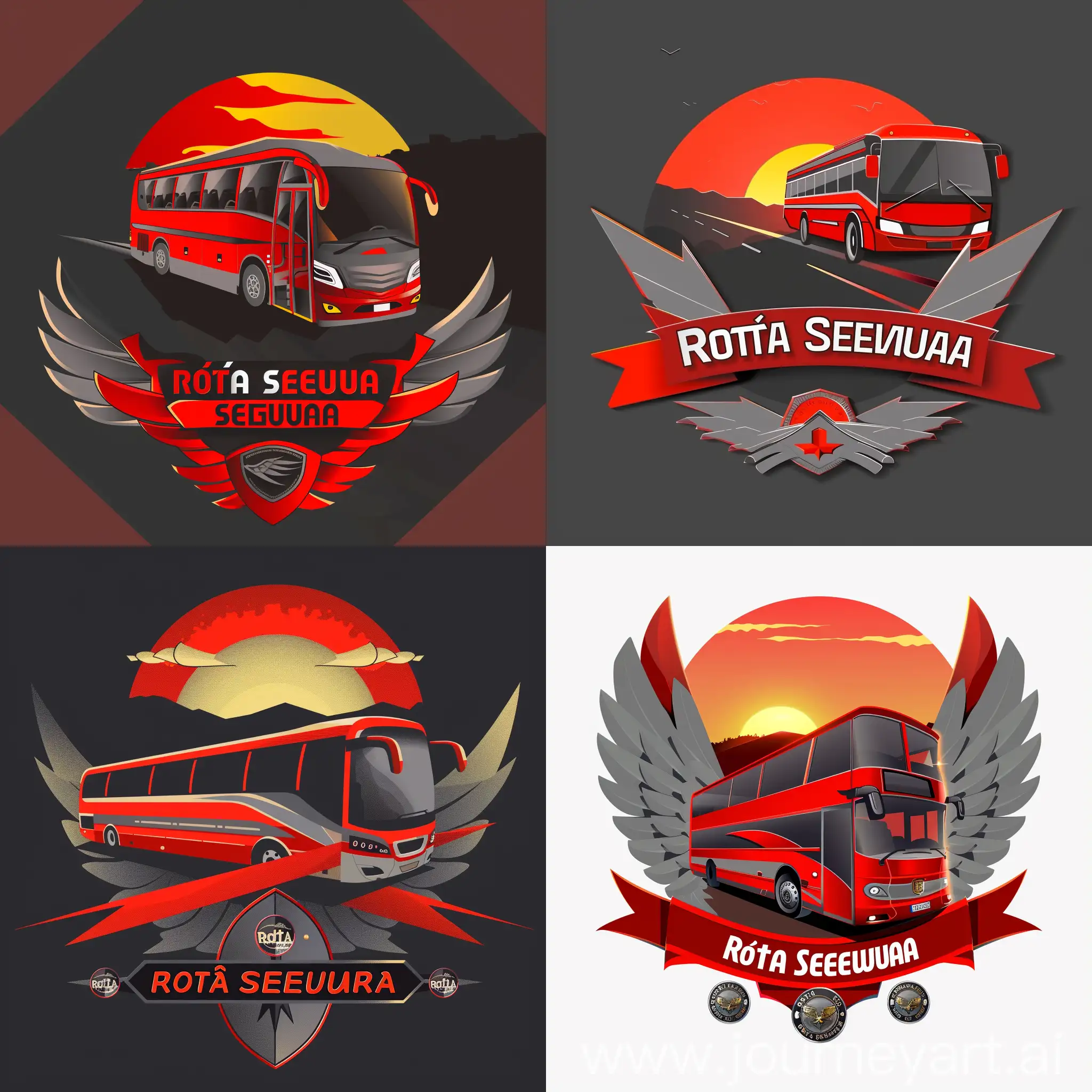 a realistic logo, beautiful red bus with gray details, going diagonal, and sunset behind, "Rota Segura" text below, use badges, very small wings, red and gray as main colours