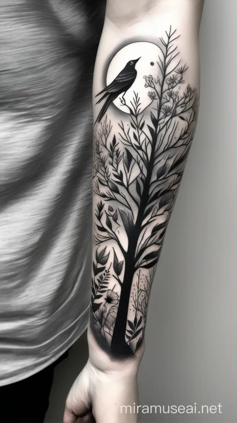 Monochromatic Arm Tattoo with Nature Elements Wild Flowers Trees Birds Feather and Moon