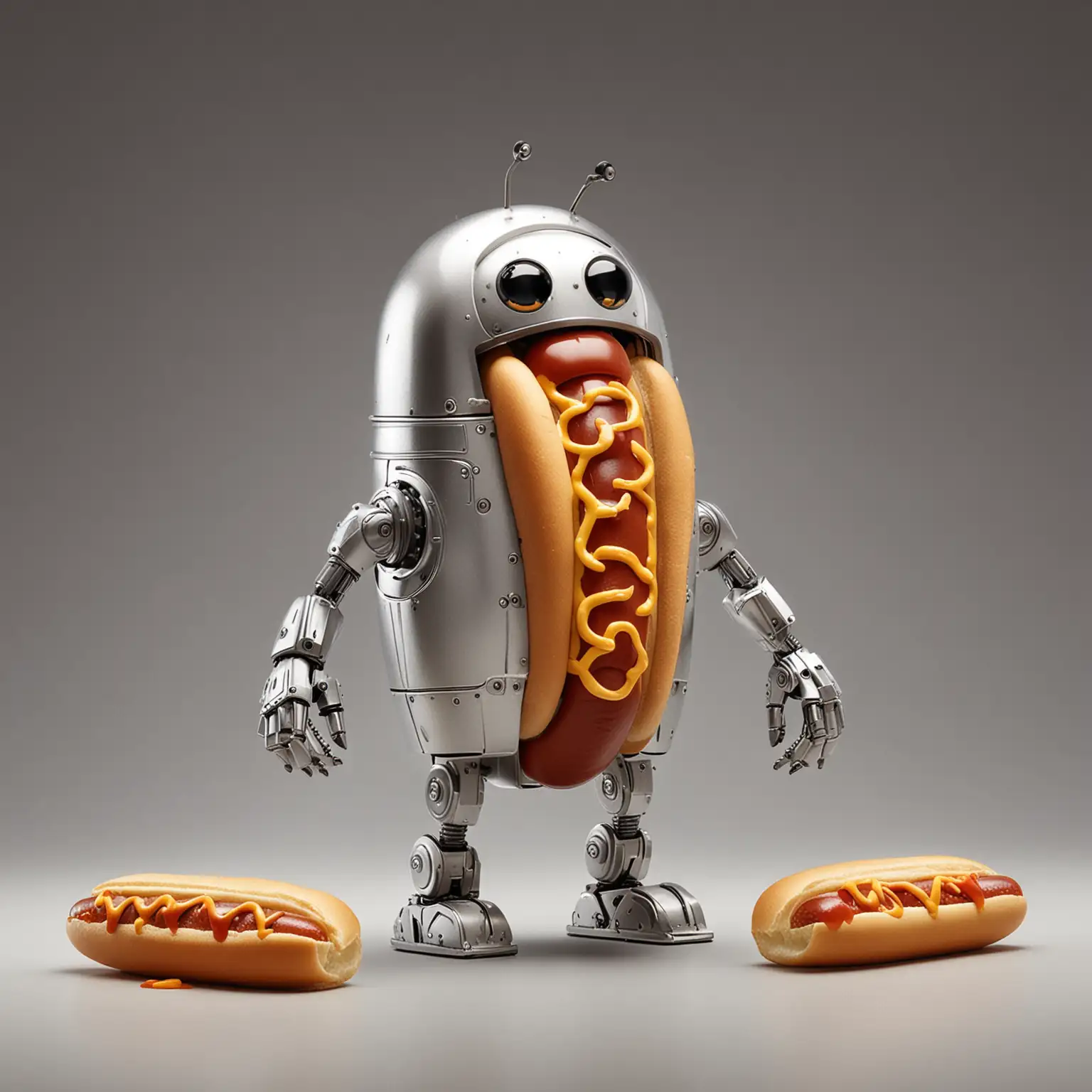 A metallic robot in the shape of a steamed hot dog in a bun