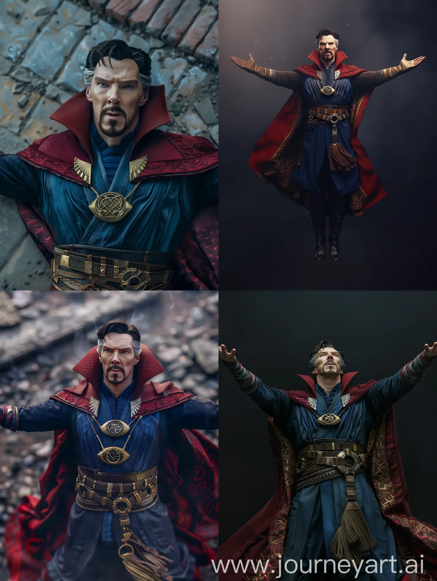 Dr strange levitating staring forward with arms stretched out with magical hands, make his outfit mystical, golden parts 
((8K)), (ULTRA DETAILED)
