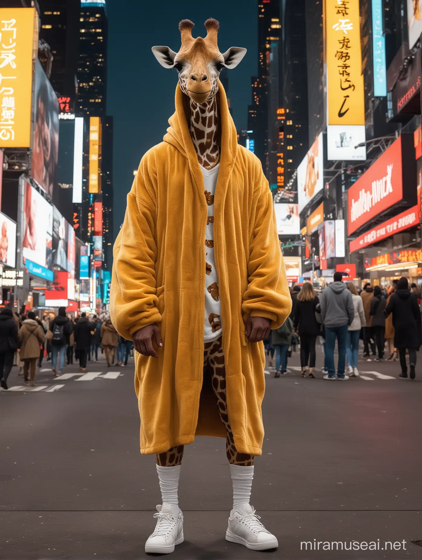 Creates a visual representation of a character that appears to be a giraffe, with predominantly human physical characteristics but an outward appearance of a giraffe.

The character must be in a squatting position, with a style that evokes the world of rap.

The clothing should consist of a mustard-colored bathrobe, with a hood decorated with a chiporro edge or brown plush fabric, as well as the ends of the sleeves. The character's short hair should also have a design that simulates the fur of a giraffe.

The character's face must be completely giraffe-like, with refined features and a masculine appearance. However, the body must have the bone structure of a human being, including human arms, legs, hands, and feet.

The character must wear white sneakers and the visual representation as a whole must be hyper-realistic, so that at first glance it is clearly perceived as a humanoid panther in posture and with the aforementioned characteristics.

The character must be in Times Square in New York at night with neon lights in the background.