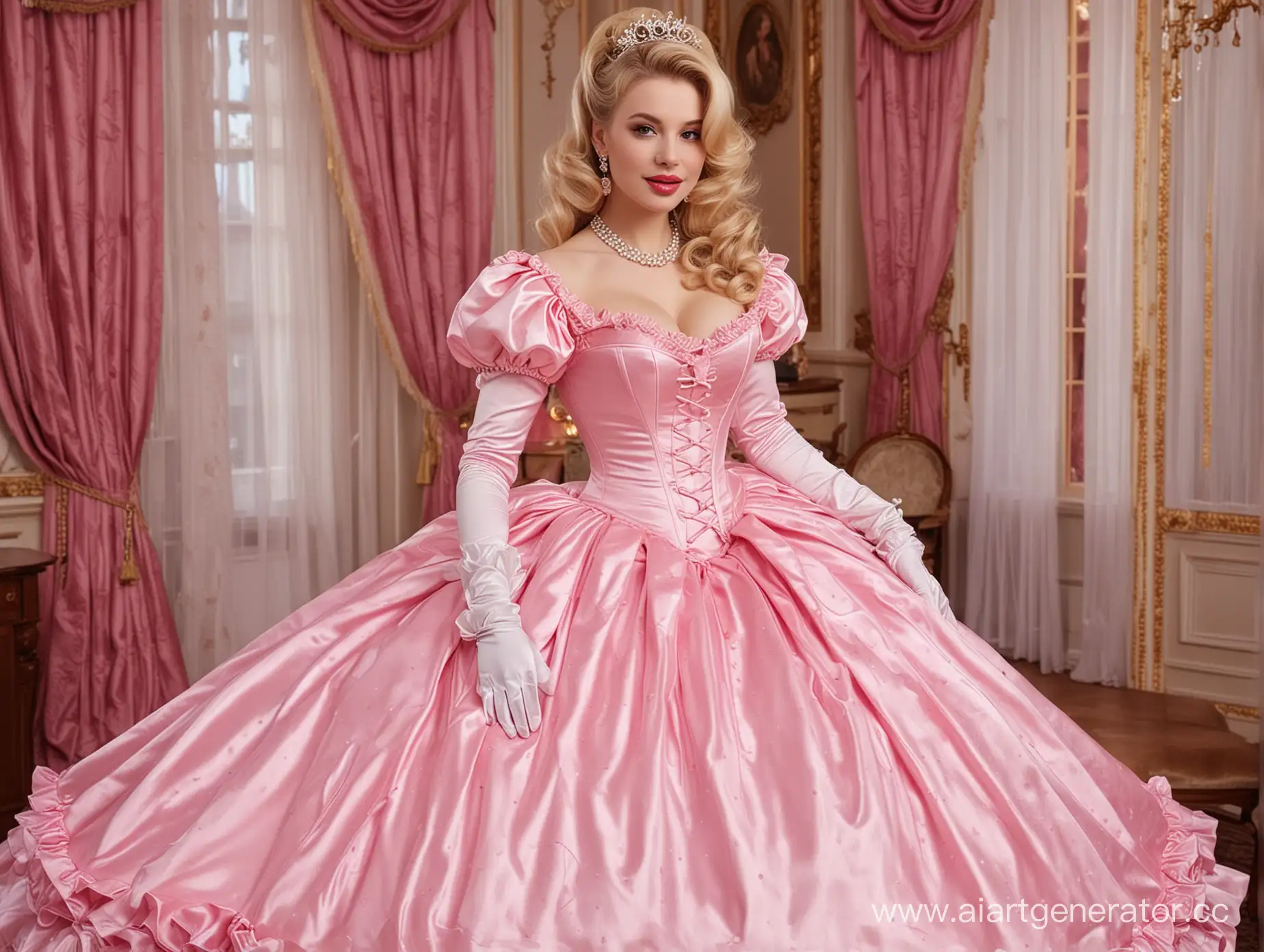 Regal-Princess-in-Pink-Dress-with-Steel-Corset-and-Lantern-Sleeves