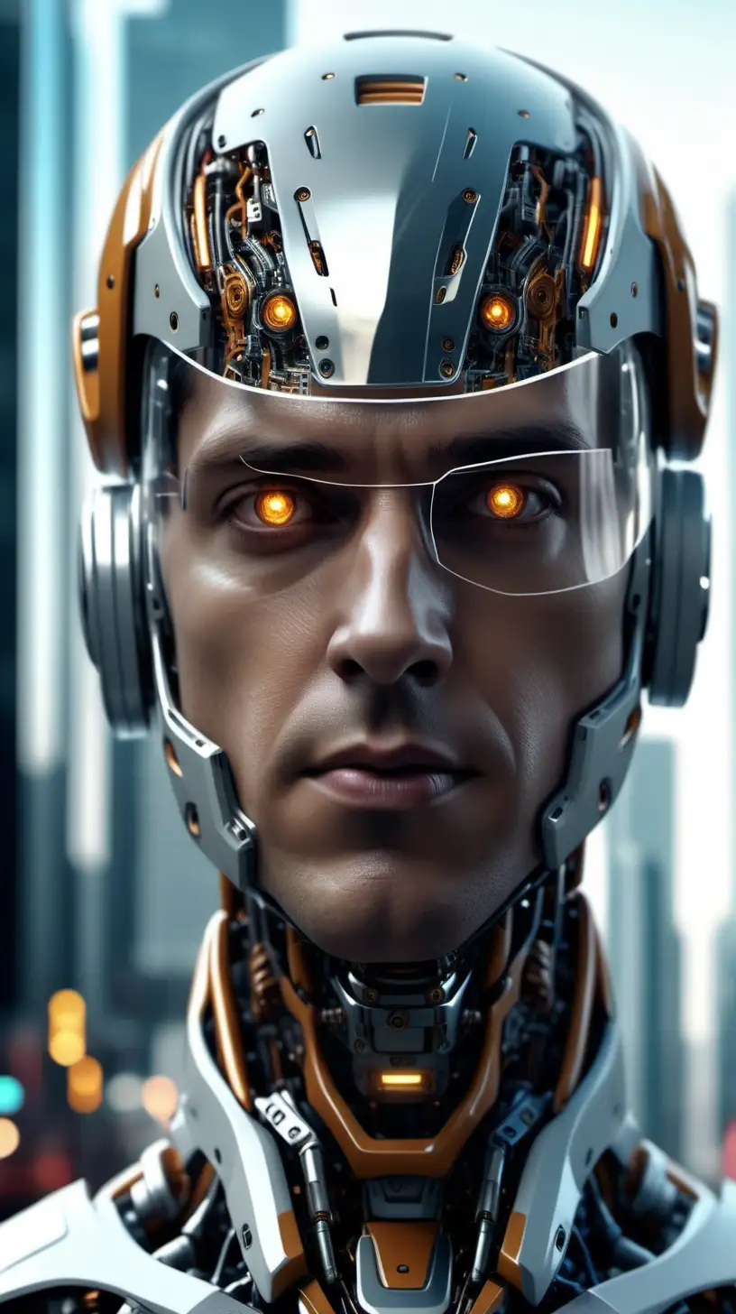 Create of an artificial intelligence robot, human male face, amber eyes. looking at the camera. Wearing a helmet with glass mask. Futuristic city background. High definition 8k image, octane render.