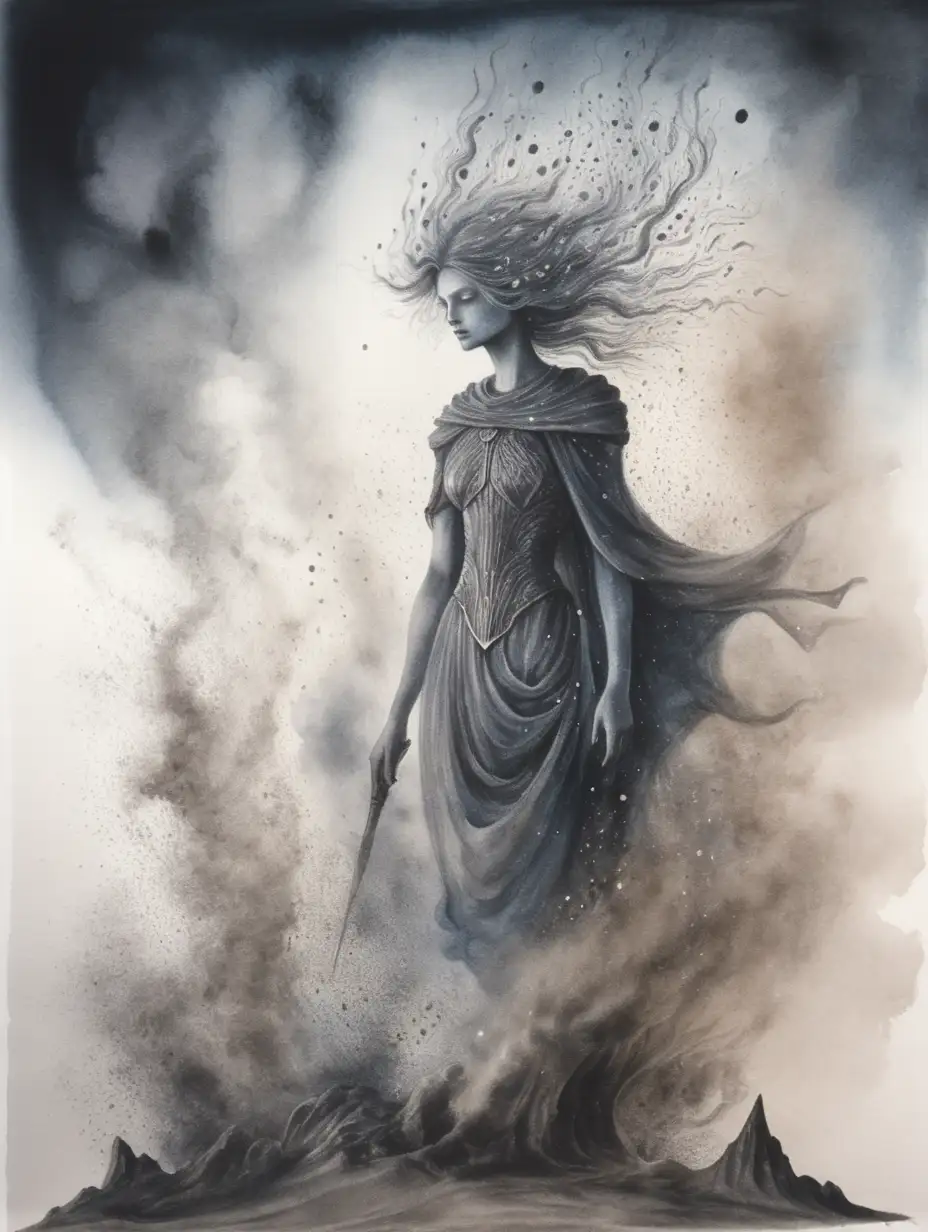 fantasy being made of dust, dark watercolor drawing, no background