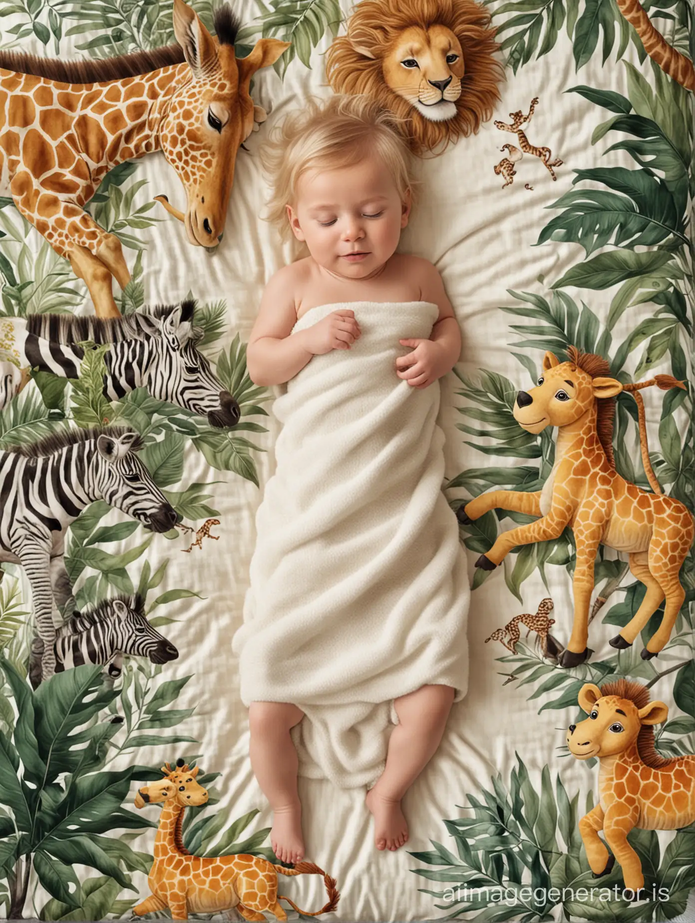In a tropical forest, a blond baby sleeps on a mattress.
Around the mattress and looking at the child are a giraffe, a lion, a monkey, a zebra and a snake.
The animals look tender and caring for the child.