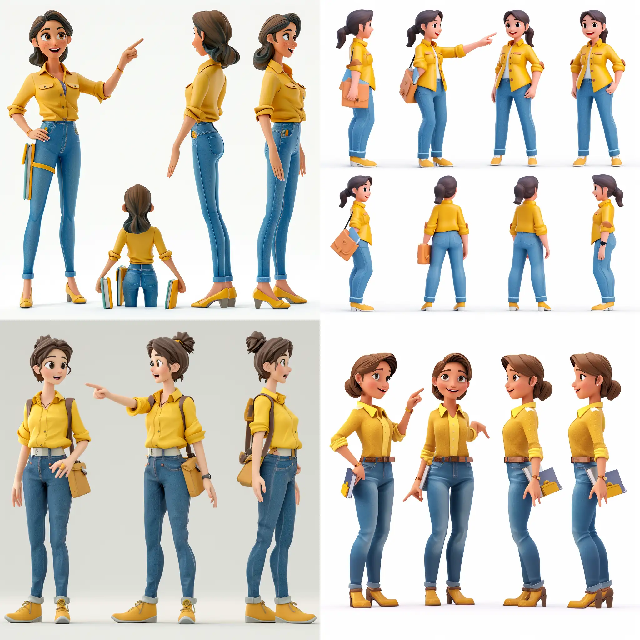 Female teacher 2d characters with full vibrant color, multiple poses and happy expressions, pointing something below, and from multiple angles , 25 year old, yellow shirt and blue jeans dresses pent, no books in hand, no bag, same yellow shirt and blue jeans clothes, full vibrant color, dynamic and vivid characters, no outline
