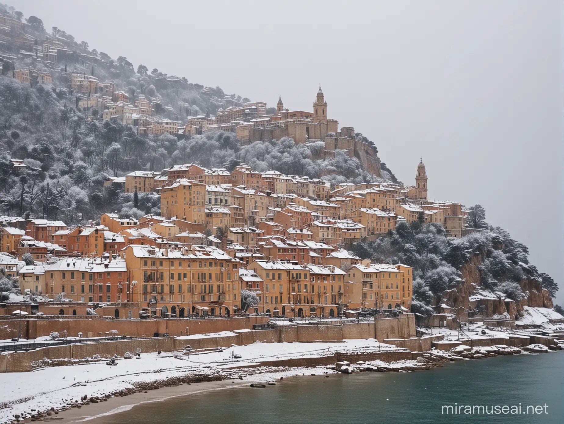 Snowy Day in Menton South of France Charming Cityscape Blanketed in Winter White