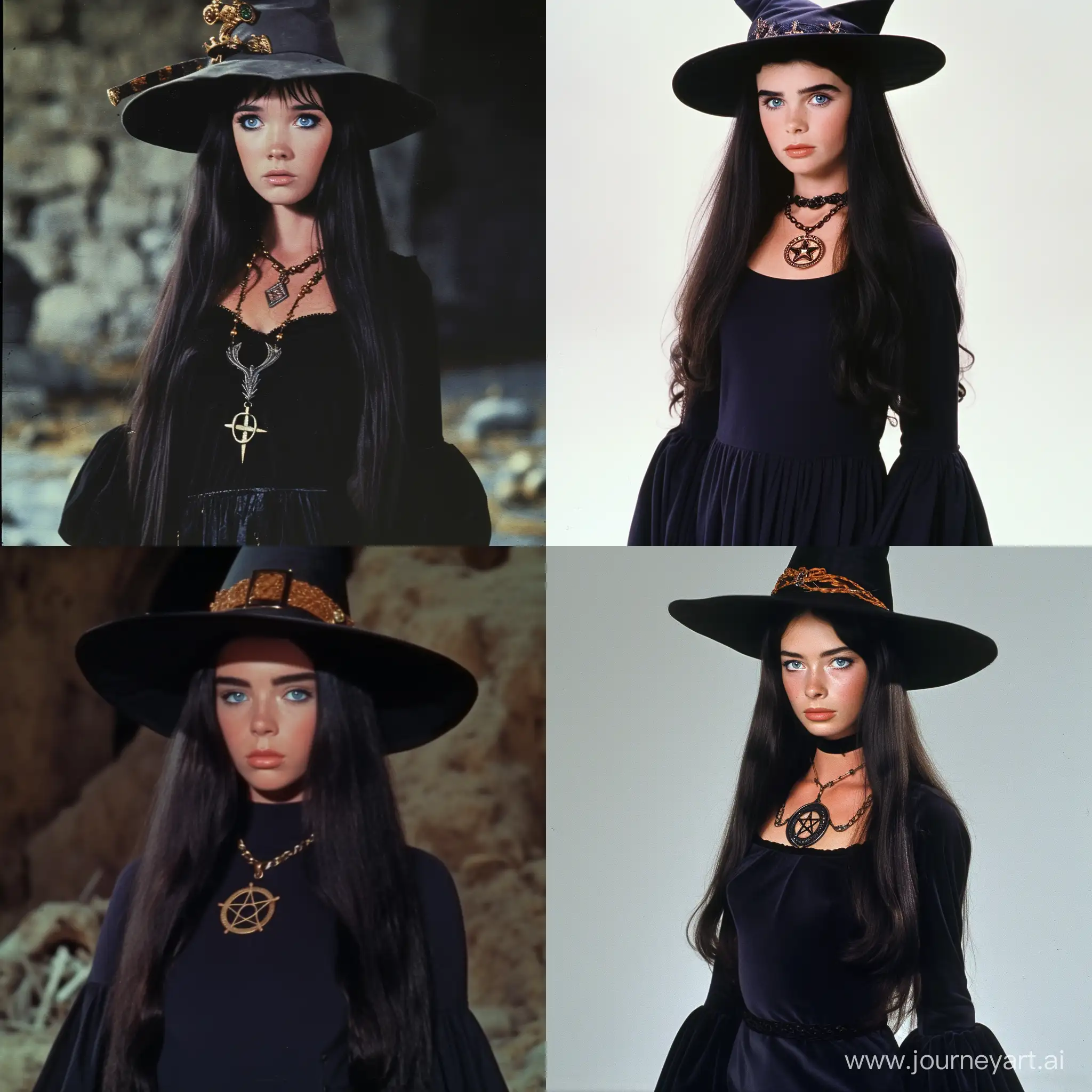 a young woman with long black hair blue eyes thick eyebrow wearing a long black wide-sleeved dress with a witch's hat and a pentagram necklace "screenshot from excalibur 1981"