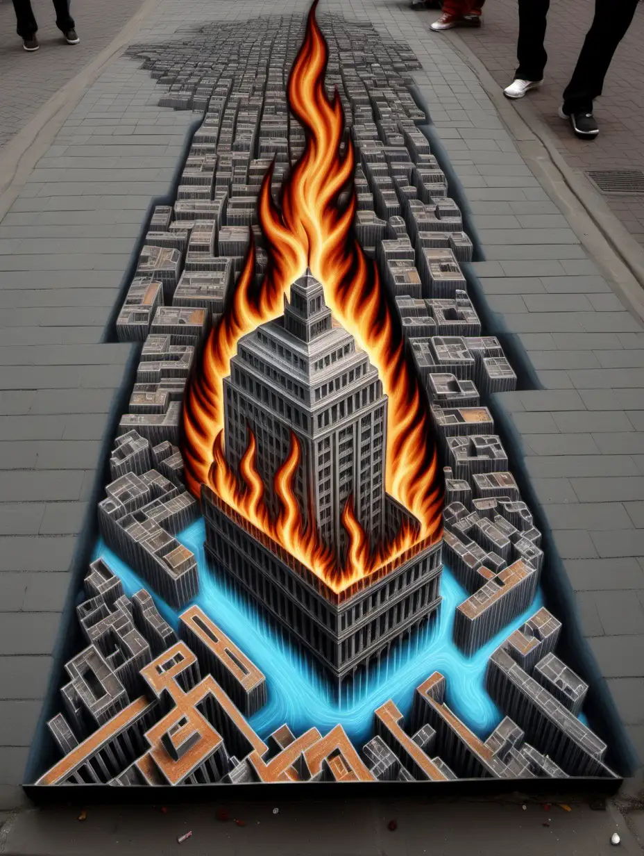 burning building, very intricately and microscopically detailed, 3d pavement art, 3d illusion, street chalk art
