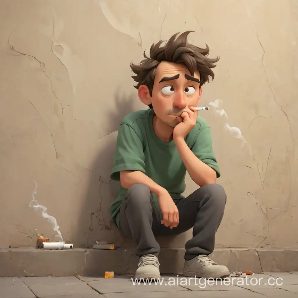 мультяшный уставший парень облокотился о стену и курит
