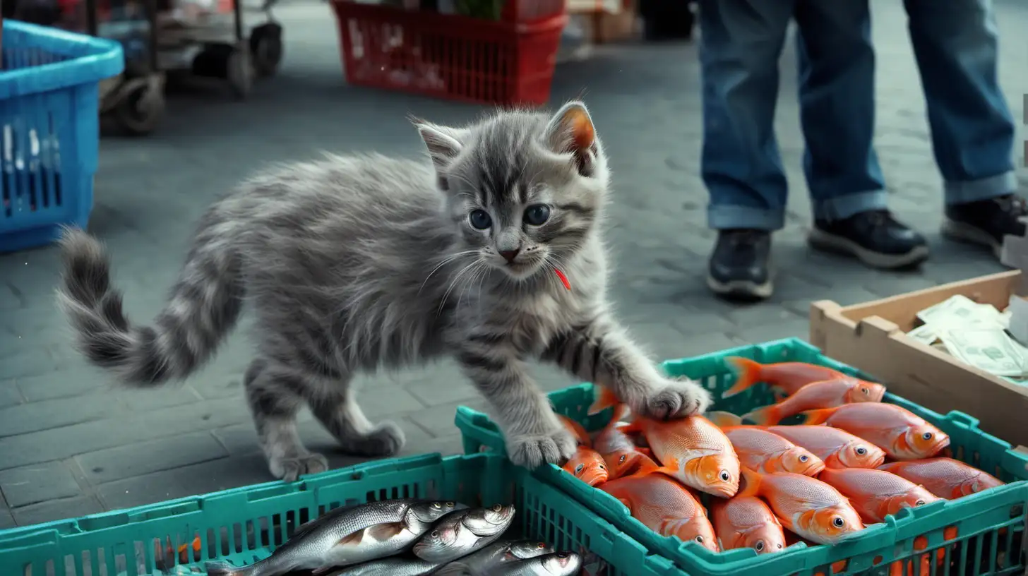 Маленький пушистый серый котенок покупает на рынке рыбку и платит деньги продавцу