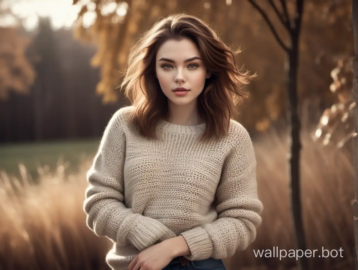 Stylish-Young-Woman-Posing-Outdoors-in-Chunky-Knit-Sweater-and-Jeans