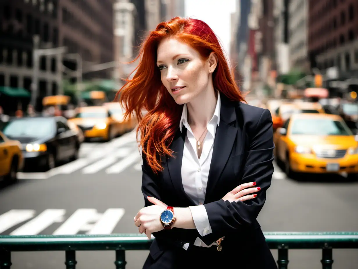 Stylish Businesswoman with Red Hair Wearing a Watch in Bustling NYC