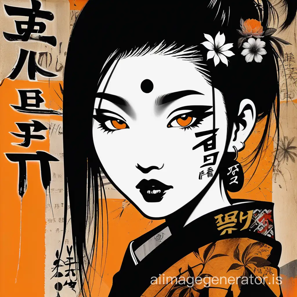 Asian woman, beautiful face, lips part pout, face turning from side view to partial front, black and orange color tones, kanji characters collaged with wabi-sabi art, abstract , punk collage , urbanpunk, kanji flowerpunk, random textures, random graffiti strokes, kanji characters, surreal artwork, Impermanence