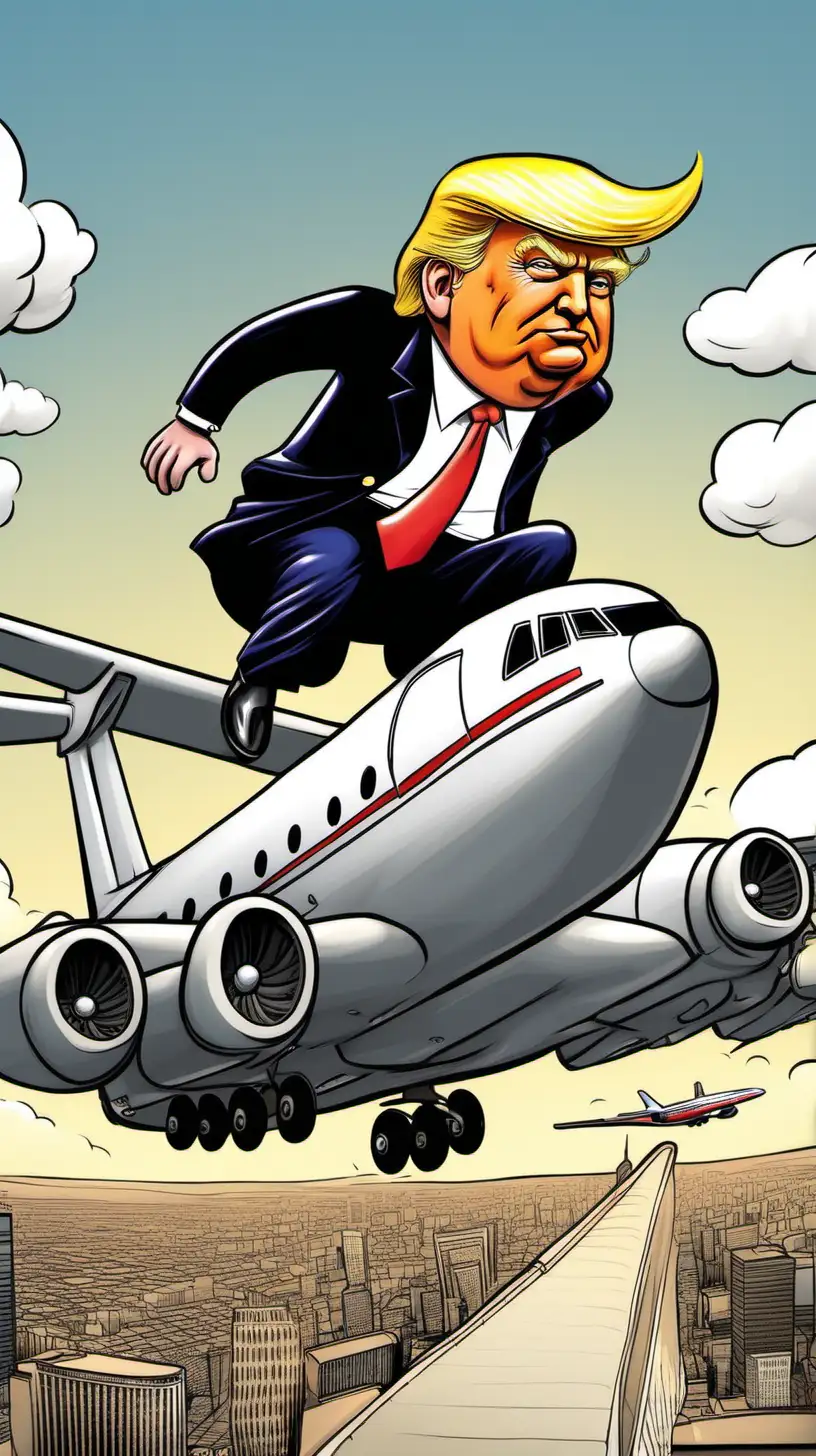 A Cartoon donald trump sitting on top of his trump plane and riding it like a bull