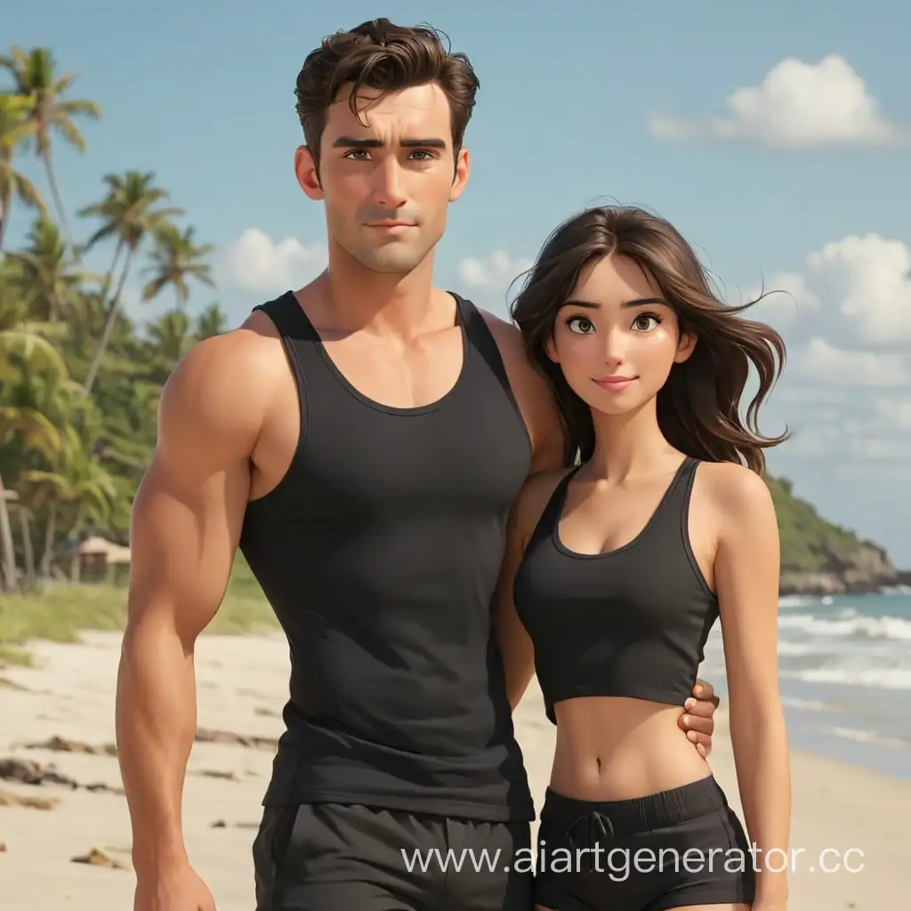 Cartoonish-Man-and-Woman-Enjoying-Beach-Time-in-Black-Tank-Tops