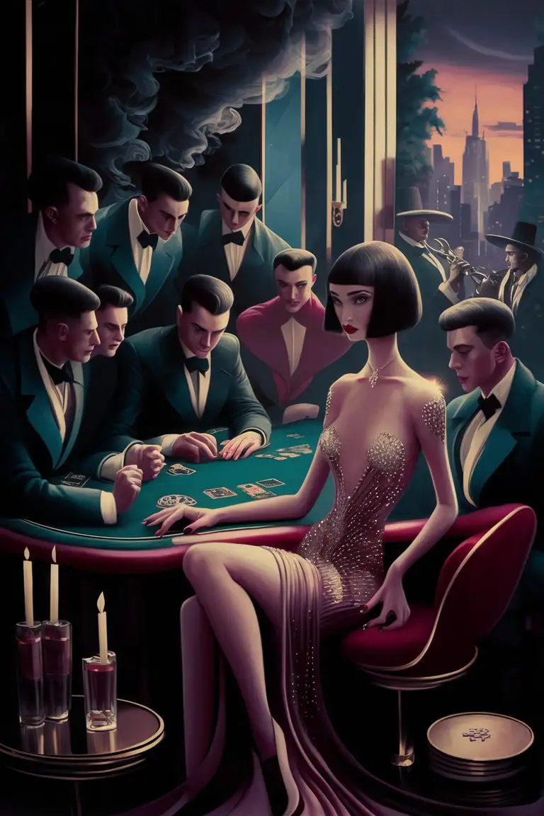 In a smoky, candlelit room adorned with sleek, Art Deco furnishings, a high stakes poker game unfolds with an air of glamour and intrigue. The scene is bathed in the rich, vibrant colors and bold geometric shapes characteristic of Tamara de Lempicka's style, evoking a sense of decadence and sophistication.

At the focal point of the composition is a lavishly decorated poker table, where an eclectic mix of men and women, depicted with elongated forms and sharp angles reminiscent of Lempicka's iconic portraits, engage in intense gameplay. Each player exudes a distinctive aura of confidence and allure, their expressions ranging from smoldering intensity to cool detachment.

Seated amidst the players is a captivating woman, her sleek bob haircut and piercing gaze commanding attention as she surveys her hand of cards with calculated precision. Dressed in a figure-hugging gown adorned with shimmering jewels, she epitomizes the epitome of 1920s glamour and sophistication.

The other participants at the table mirror her elegance, their attire and demeanor exuding an air of wealth and refinement. Some lean forward eagerly, their faces alight with anticipation, while others maintain a poker-faced composure, betraying nothing of their inner thoughts.

In the background, shadows dance along the walls, casting an aura of mystery and intrigue over the proceedings. A jazz band plays softly in the corner, their music adding to the ambiance of the scene.

Outside the windows, the city skyline is bathed in the warm hues of dusk, a reminder of the world beyond this secluded enclave of high society. But for now, all attention is focused on the poker table, where fortunes hang in the balance and the thrill of the game is palpable.