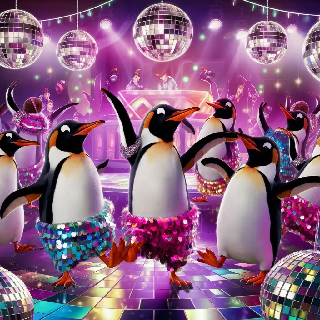 Penguin Disco Party with Glowing Neon Lights