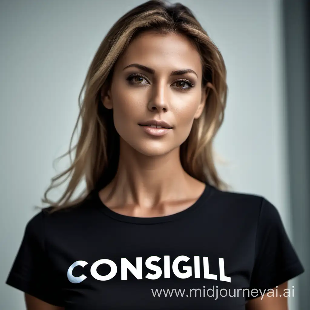 User You imagine a medium shot of medium tanned woman wearing a black t-shirt with the text "CONSIGLI" written in font turns extra light, captured with a Nikon D850 and a Nikon AF-s  NIKKOR 70-200mm f/2.8E FL ED VR lens, lit with high-key lightning to create a soft and ethereal feel, a shallow depth of field. She should have a robot detail on her cheek. classy, intelligens, 35 years old