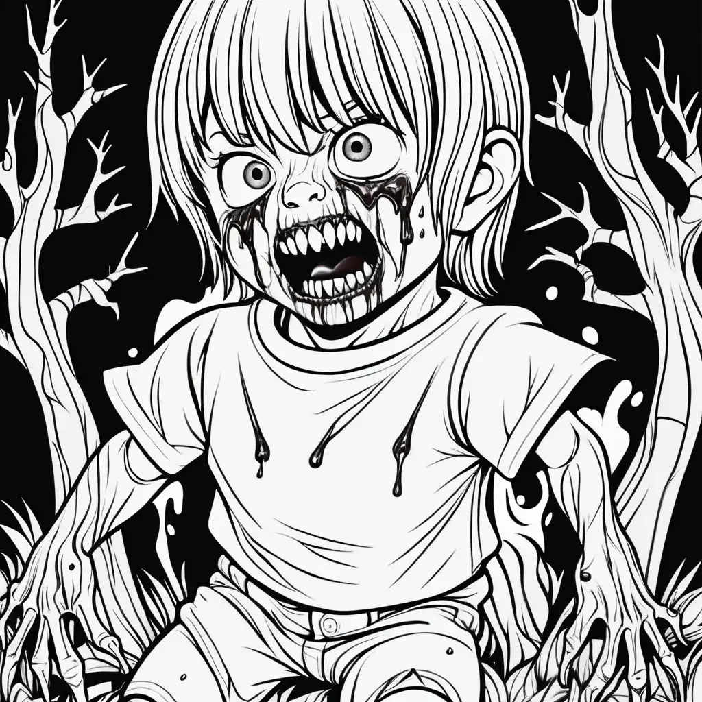Create a black and white coloring book page with a child absurd gore horror character for kids
