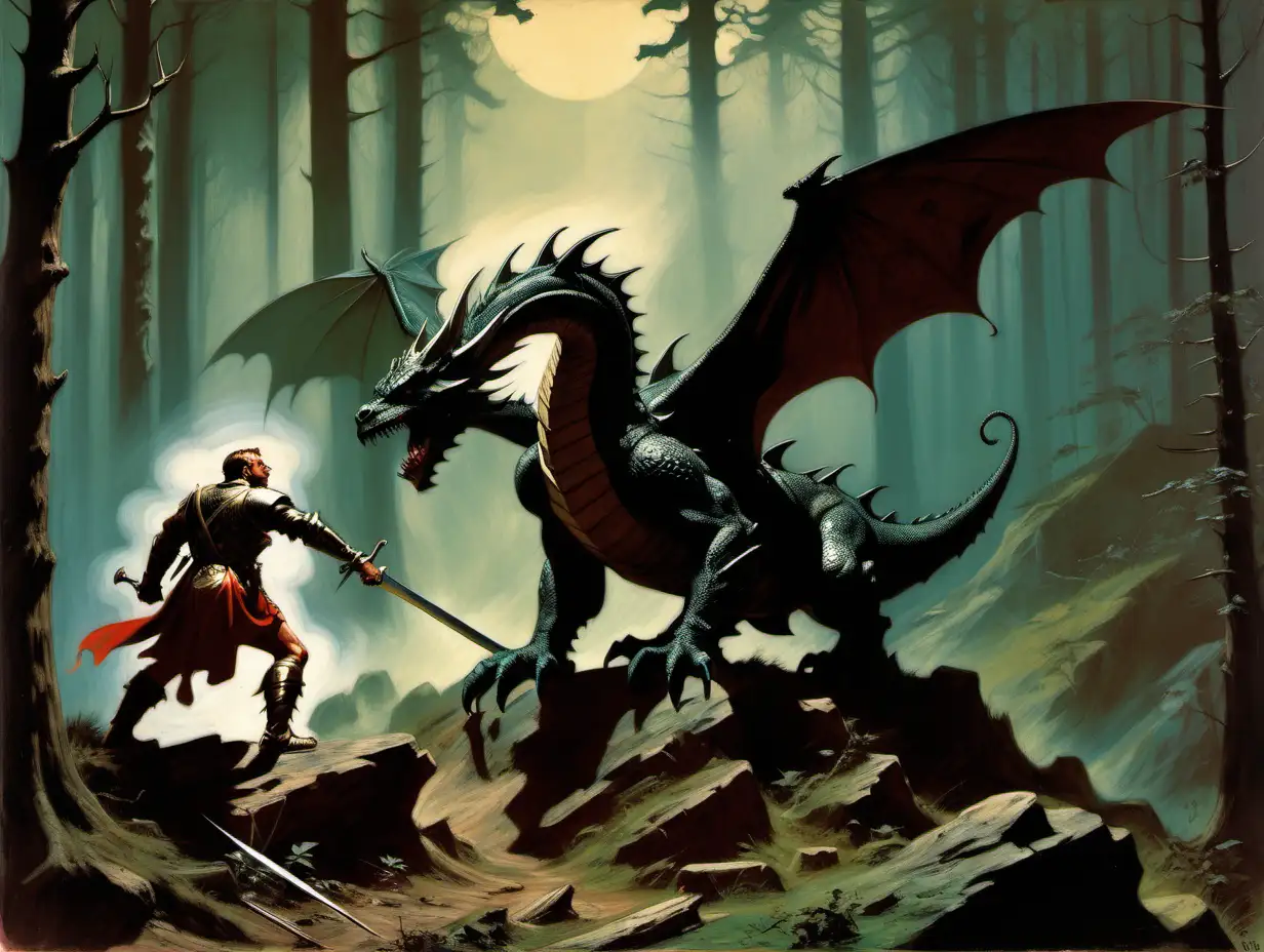King Arthur slays a dragon in the black forest
Frank Frazetta style