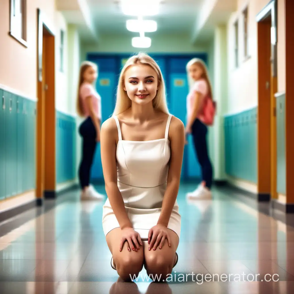 ChampionLike-Blonde-Russian-Woman-in-Fashionable-Dress-Surrounded-by-Smiling-Friends-in-School-Corridor