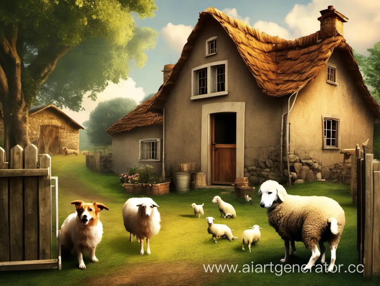 домик в деревне, собачка в конуре, овечки