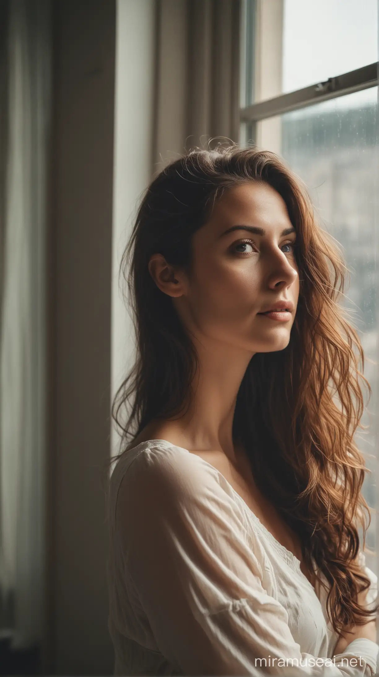 Cinematic Daydream Woman Lost in Thought by Window