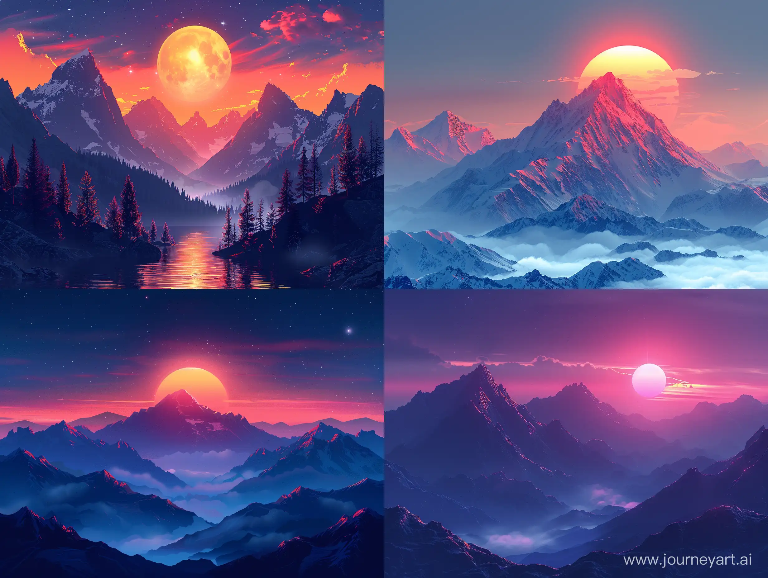 mountains, in flat style, sunset --s 750