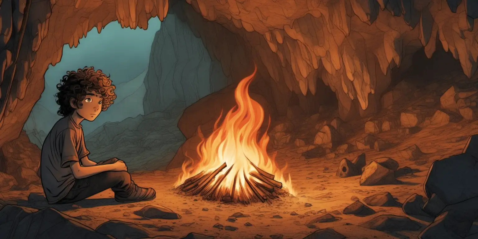 Teenager with Curly Hair by the Cave Fire