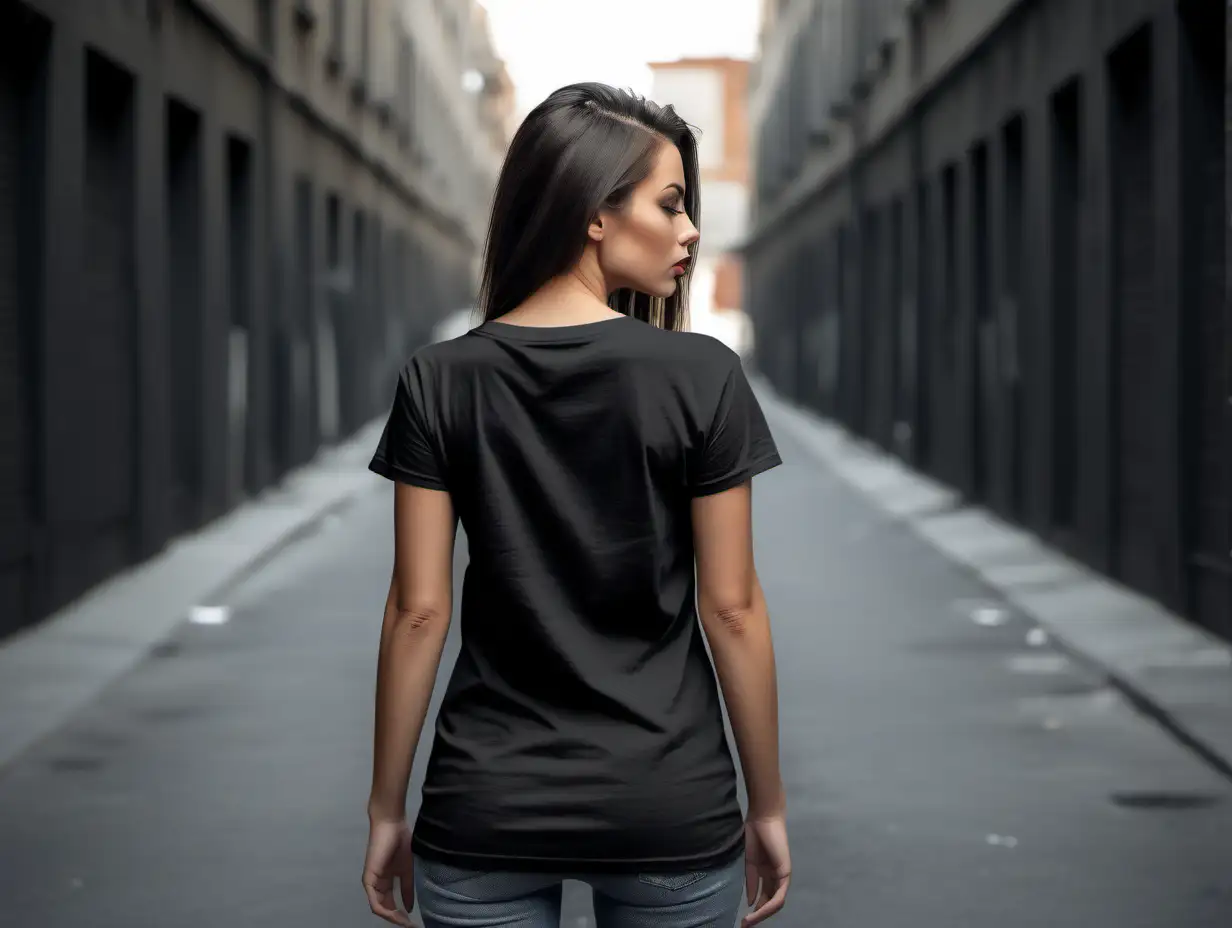 t-shirt black plain model, facing backwards, women, background urban