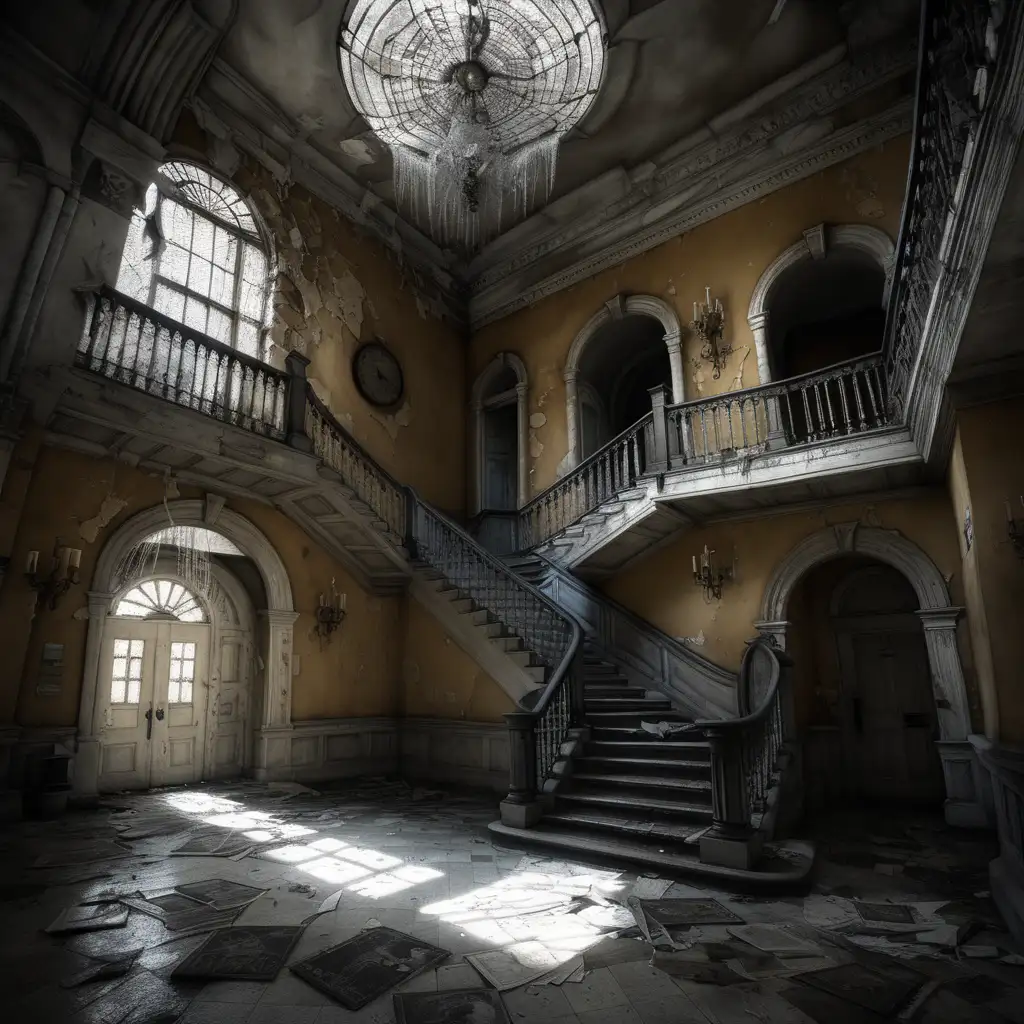 Point and Click, The entrance hall of the asylum sets the tone for the entire game, offering players their first glimpse into the eerie and foreboding atmosphere that permeates the abandoned institution. Here's a description of what the entrance hall looks like:

The entrance hall is a cavernous space with high ceilings and faded grandeur, a stark reminder of the asylum's former glory. Cracks spiderweb across the walls, and peeling paint reveals layers of forgotten history beneath. Dust motes dance in the dim light that filters through cracked windows, casting long shadows that seem to stretch and writhe with unseen movement.

The floor is tiled in a mosaic of black and white squares, many cracked and chipped from years of neglect. A grand staircase, once polished to a shine, now stands warped and creaking, its banisters draped with cobwebs like tattered lace. At the foot of the staircase lies an overturned chair, its wooden legs splintered and broken.

Along the walls, framed portraits of stern-looking men and women in outdated clothing gaze down with vacant eyes, their faces obscured by layers of grime and dust. A tarnished chandelier hangs from the ceiling, its once-gleaming crystals now dull and lifeless.

In one corner of the entrance hall, a reception desk stands abandoned, its surface littered with yellowed papers and broken pens. Behind the desk, a large ledger lies open, its pages filled with indecipherable scribbles and faded ink.

Despite the desolation that surrounds it, there is an undeniable sense of history and mystery lingering in the air, as if the very walls of the asylum are whispering secrets long forgotten. As players explore the entrance hall, the echoes of the asylum's past begin to stir, beckoning them deeper into the darkness.