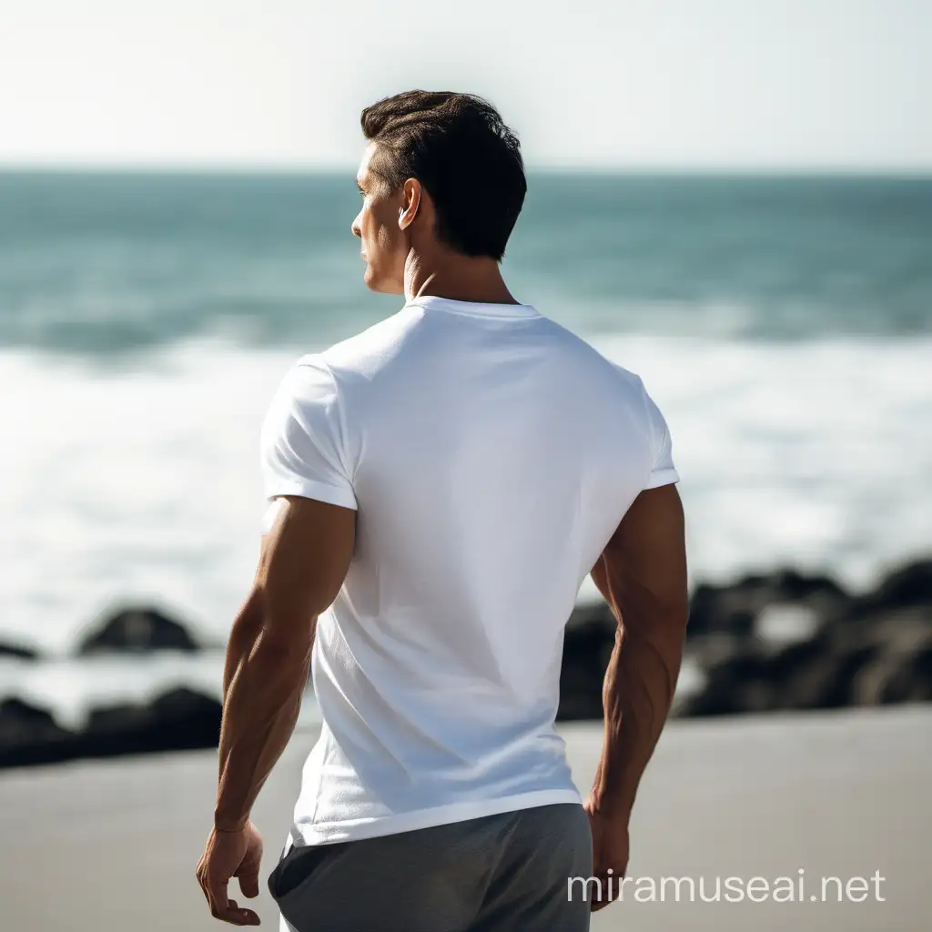 fit man modeling the back of a plain clean white tshirt looking out over the ocean
